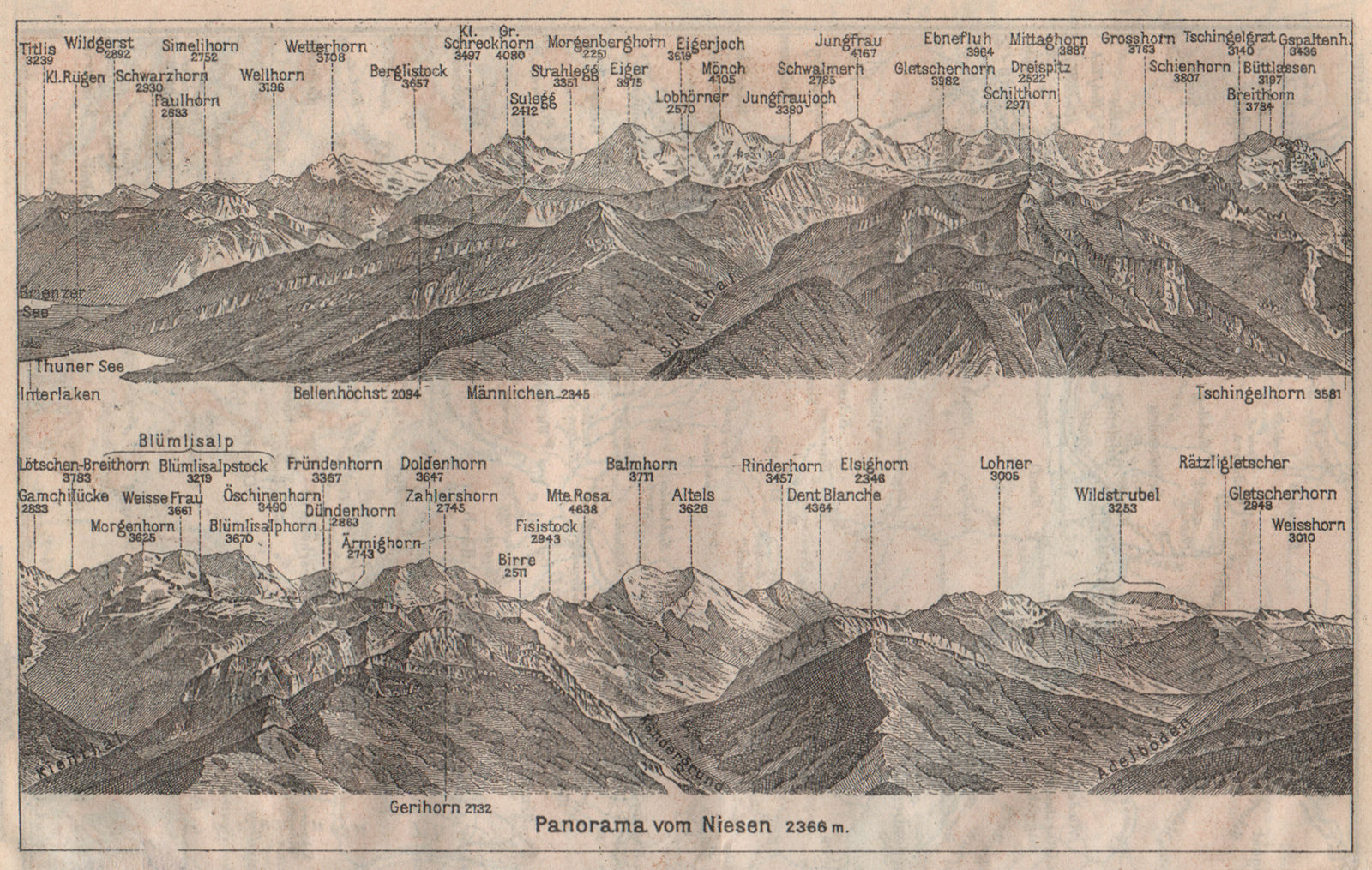 Associate Product PANORAMA from/von NIESEN 2366m. Blumisalp Jungfrau Switzerland Schweiz 1911 map