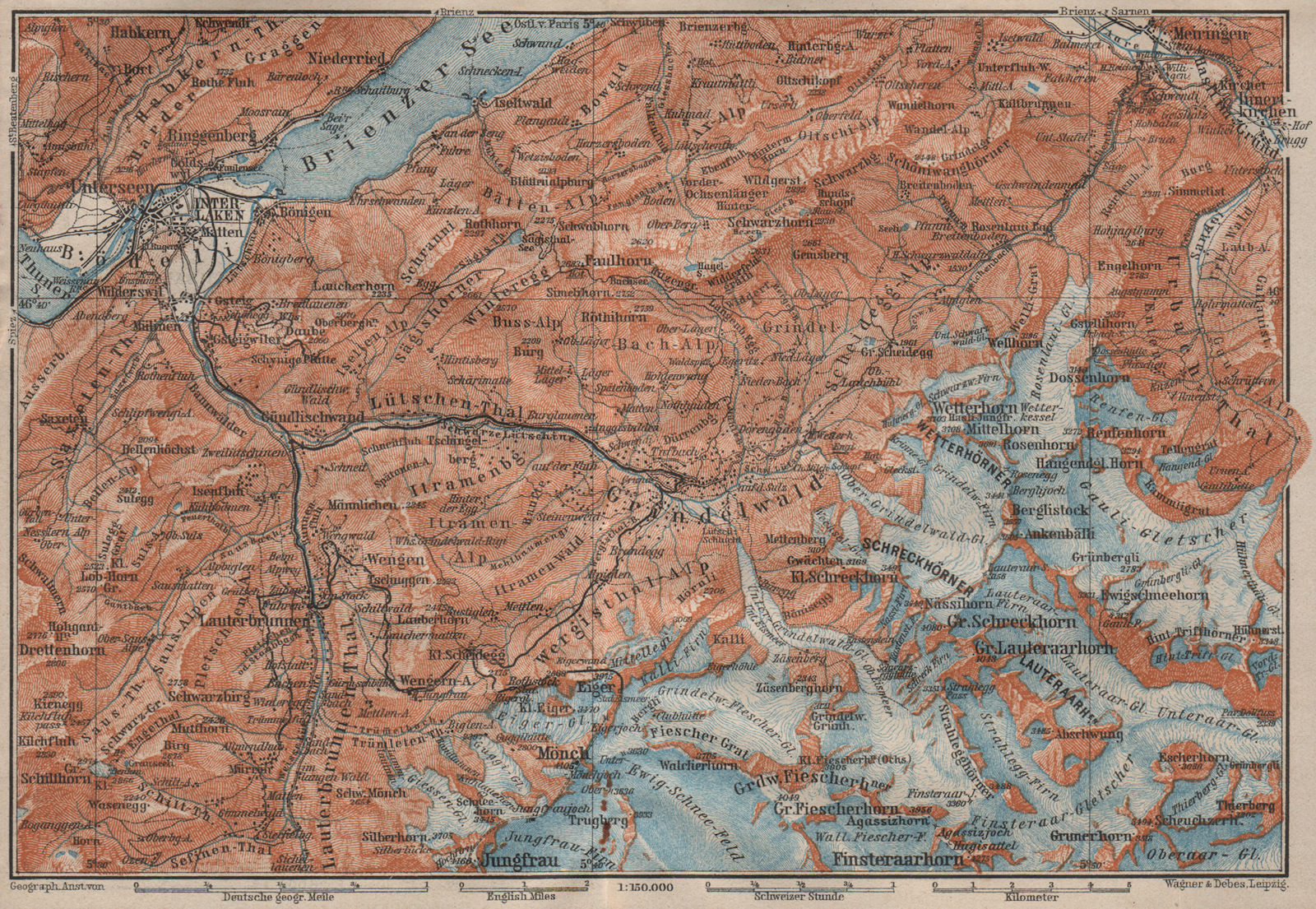 GRINDELWALD environs. Wengen Mürren Jungfrau Wetterhorn Interlaken 1911 map