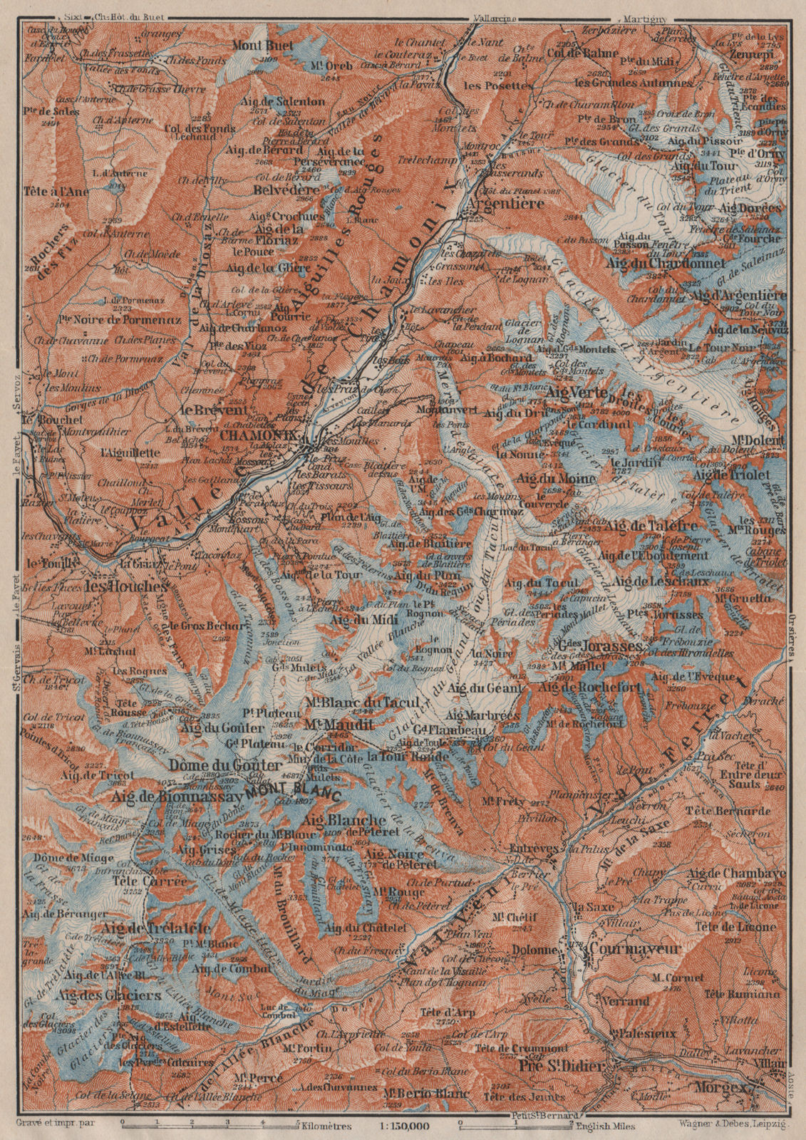 CHAMONIX & MONT BLANC MASSIF. Argentière Les Houches Courmayeur carte 1911 map