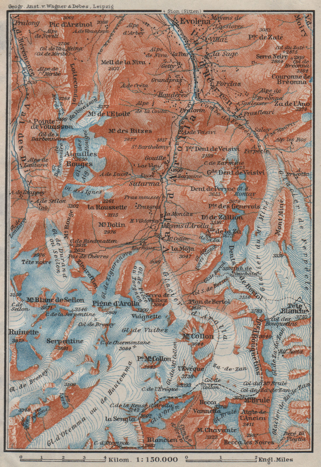 Associate Product VAL D'AROLLA. Evolène Hérens Mont Collon Tête Blanche Aiguilles Rouges 1911 map