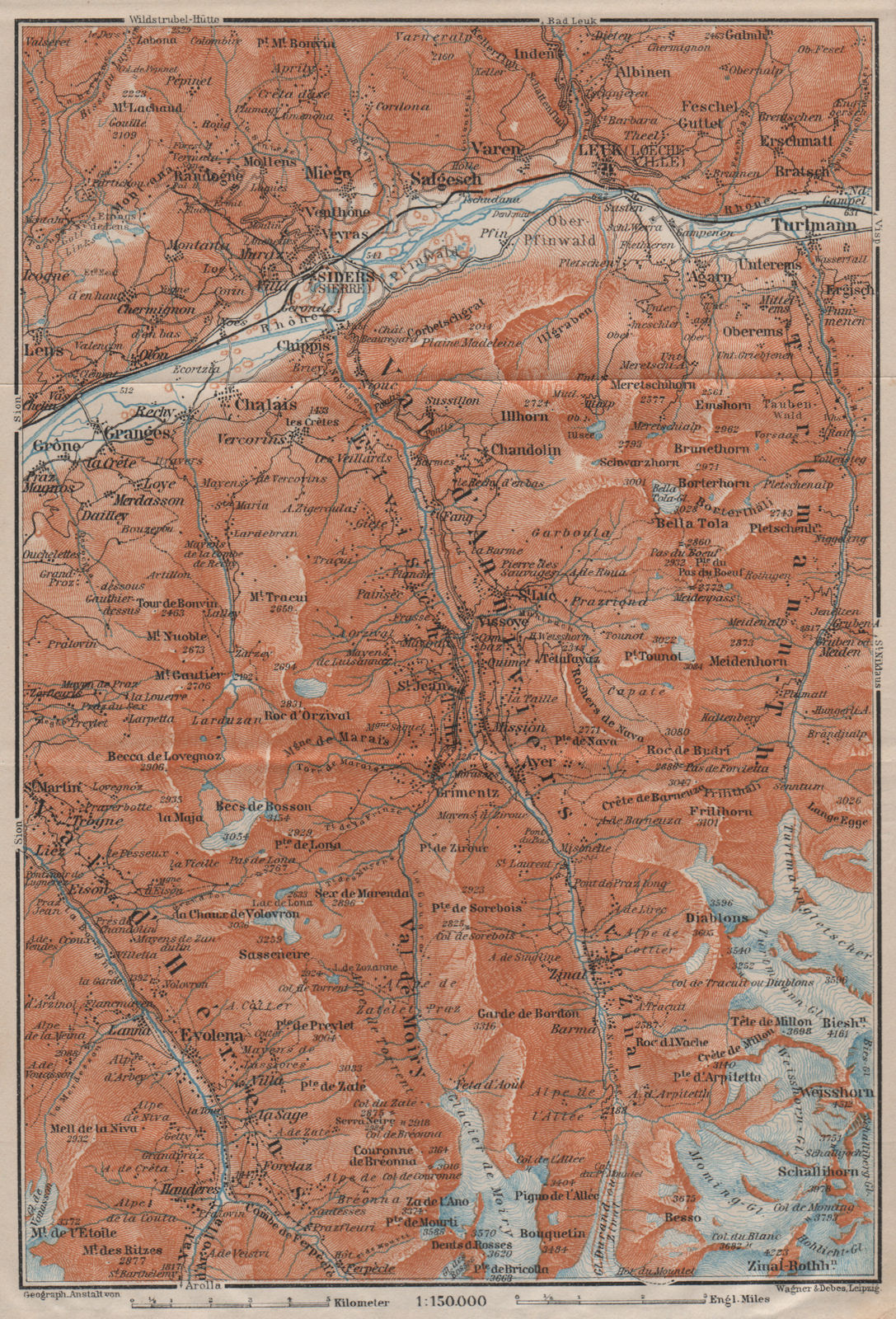 Associate Product SIERRE & VAL D'ANNIVIERS. Crans-Montana Grimentz Leukle Weisshorn 1911 old map
