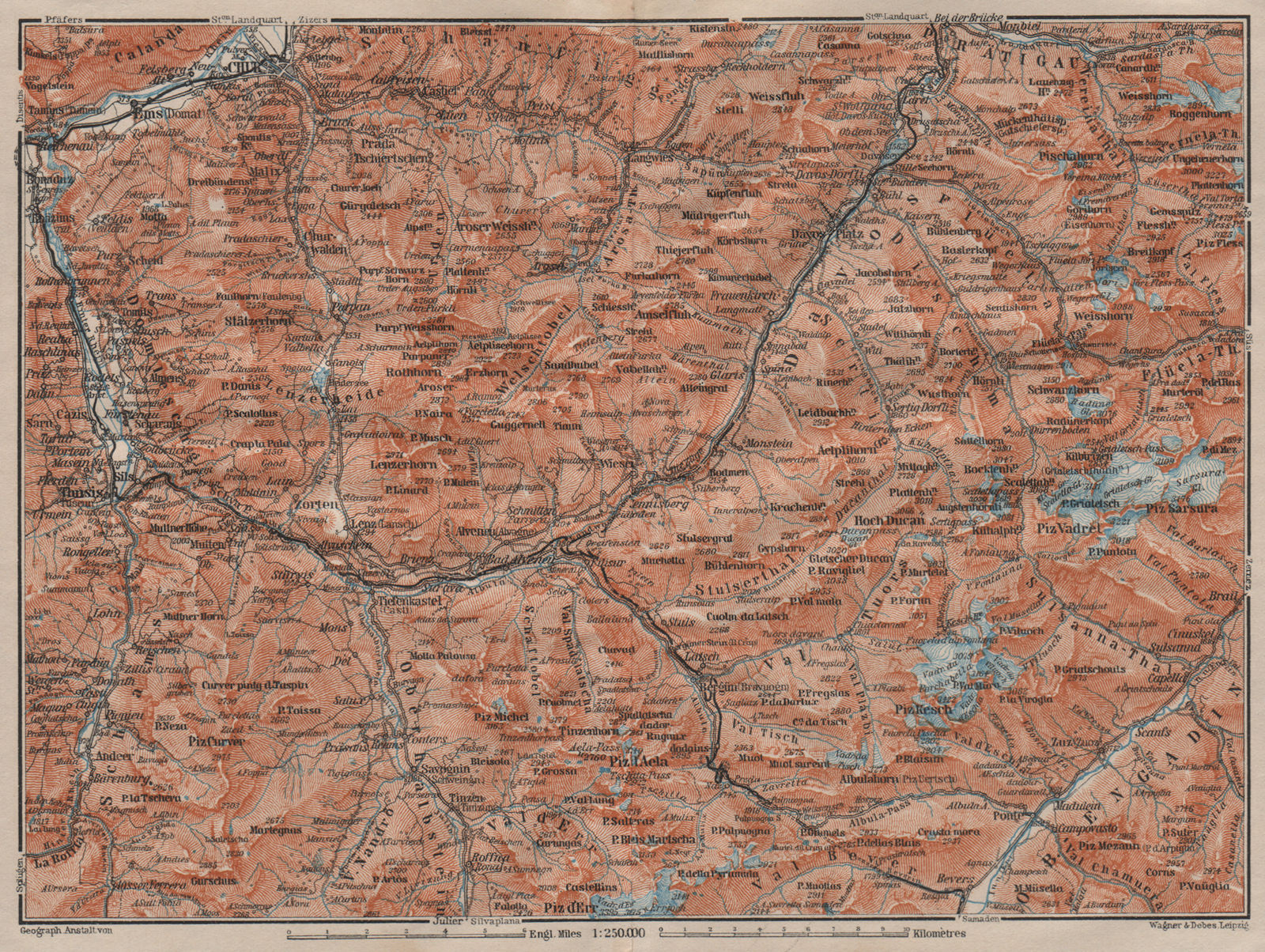 GRAUBÜNDEN/ALBULA ALPS. Chur-Samedan. Arosa Lenz Davos Savognin Thusis 1911 map