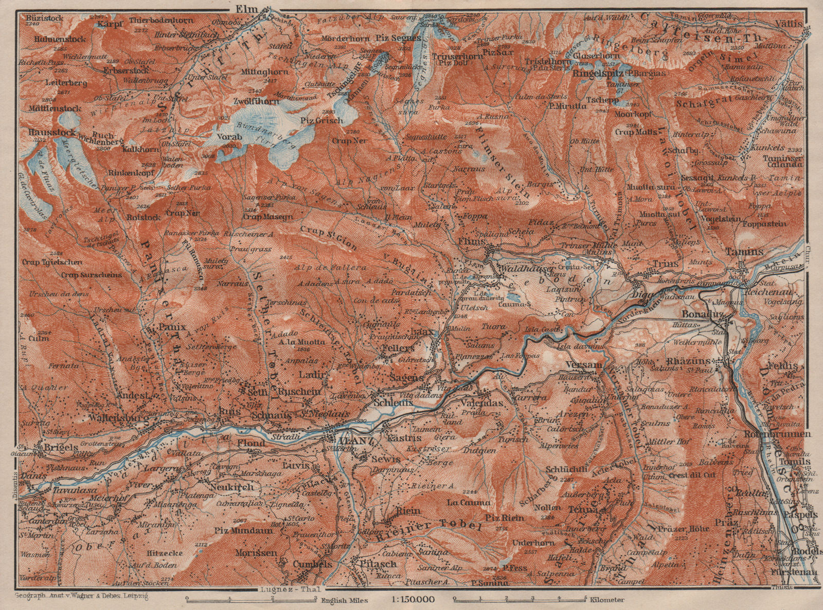 Associate Product ILANZ & FLIMS AREA. Laax Obersaxen Mundaun Brigels Waltensburg Tamins 1911 map