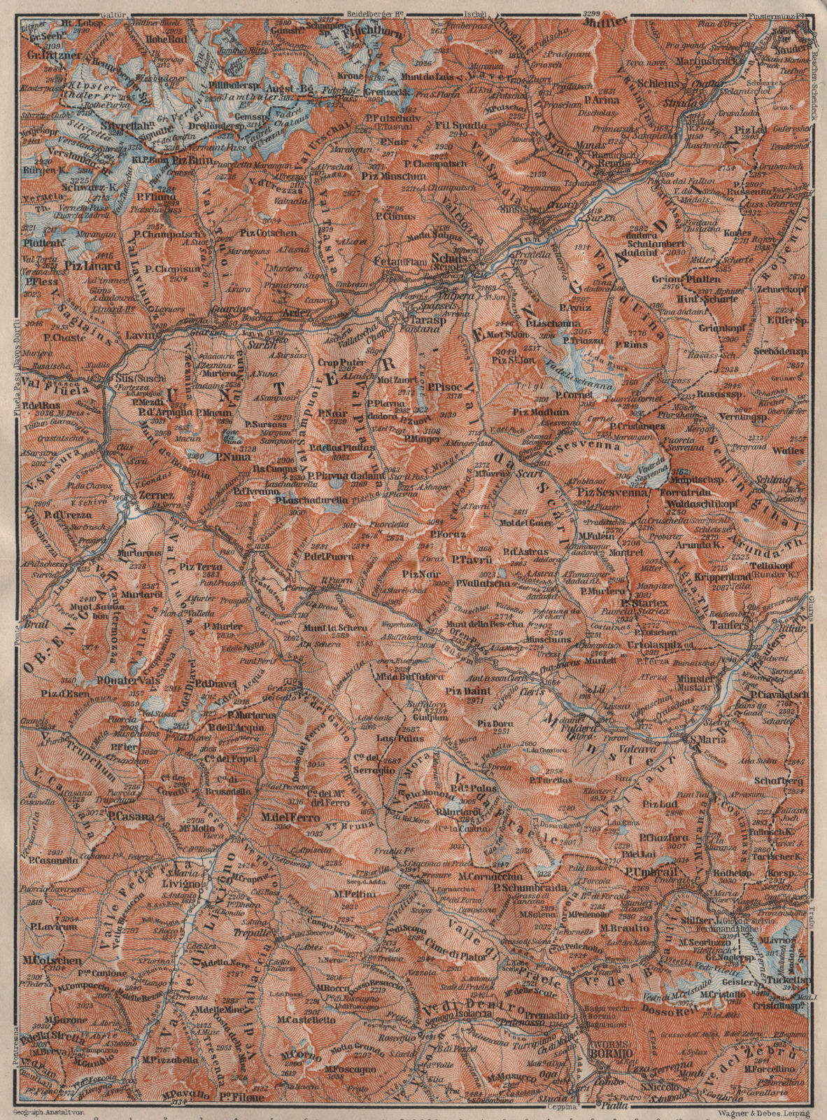 Associate Product LOWER ENGADINE. Livigno Bormio Ftan Scuol Silvretta Range Piz Buin 1911 map