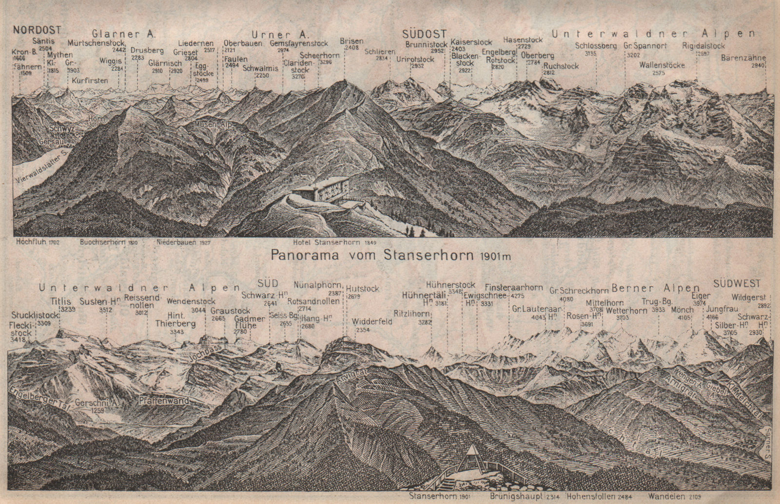 Associate Product PANORAMA from/vom STANSERHORN. Glarner Urner Unterwaldner Berner Alps 1913 map