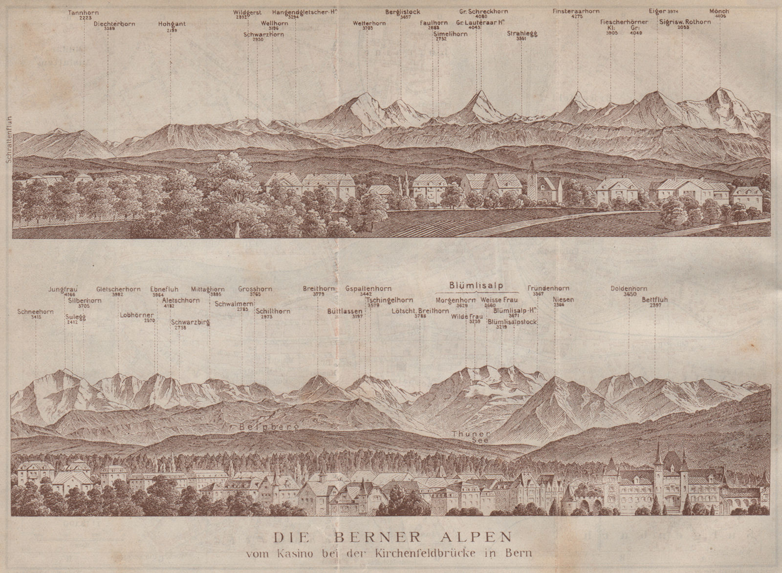 Associate Product PANORAMA vom/from BERN/Berne. Blumisalp Eiger Jungfrau Gletscherhorn 1913 map