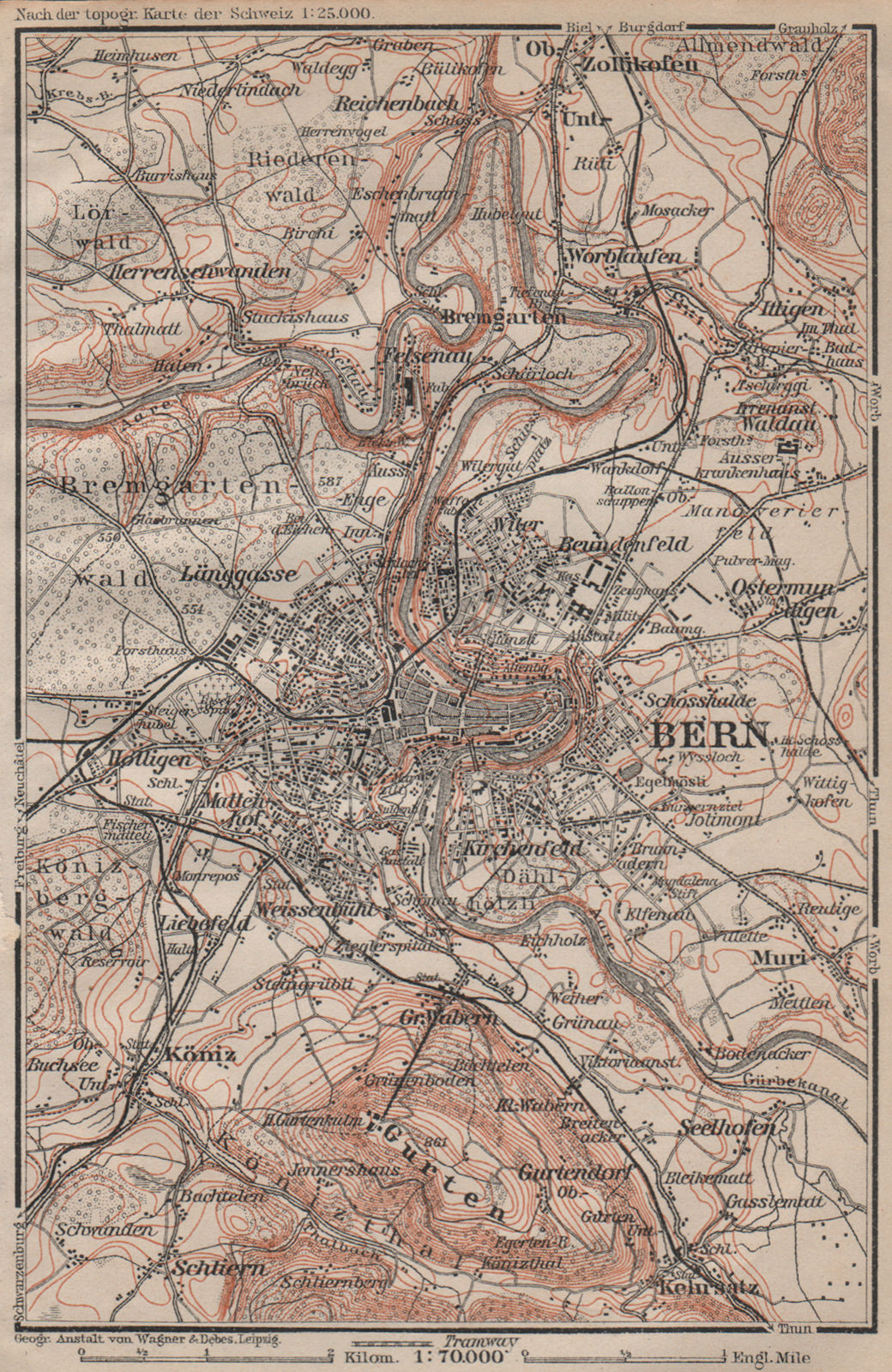 Associate Product BERN BERNE ENVIRONS. Switzerland Suisse Schweiz carte karte. BAEDEKER 1913 map