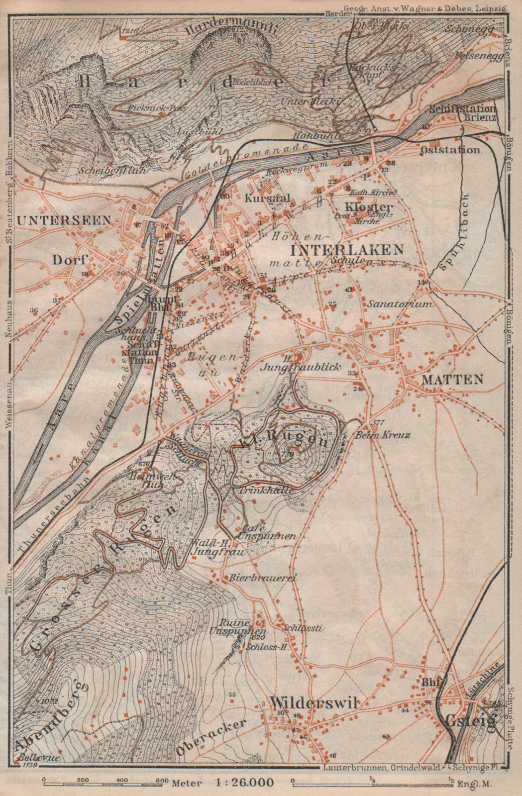 Associate Product INTERLAKEN ENVIRONS. Unterseen Matten Aarmuhle Wilderswyl. Schweiz 1913 map