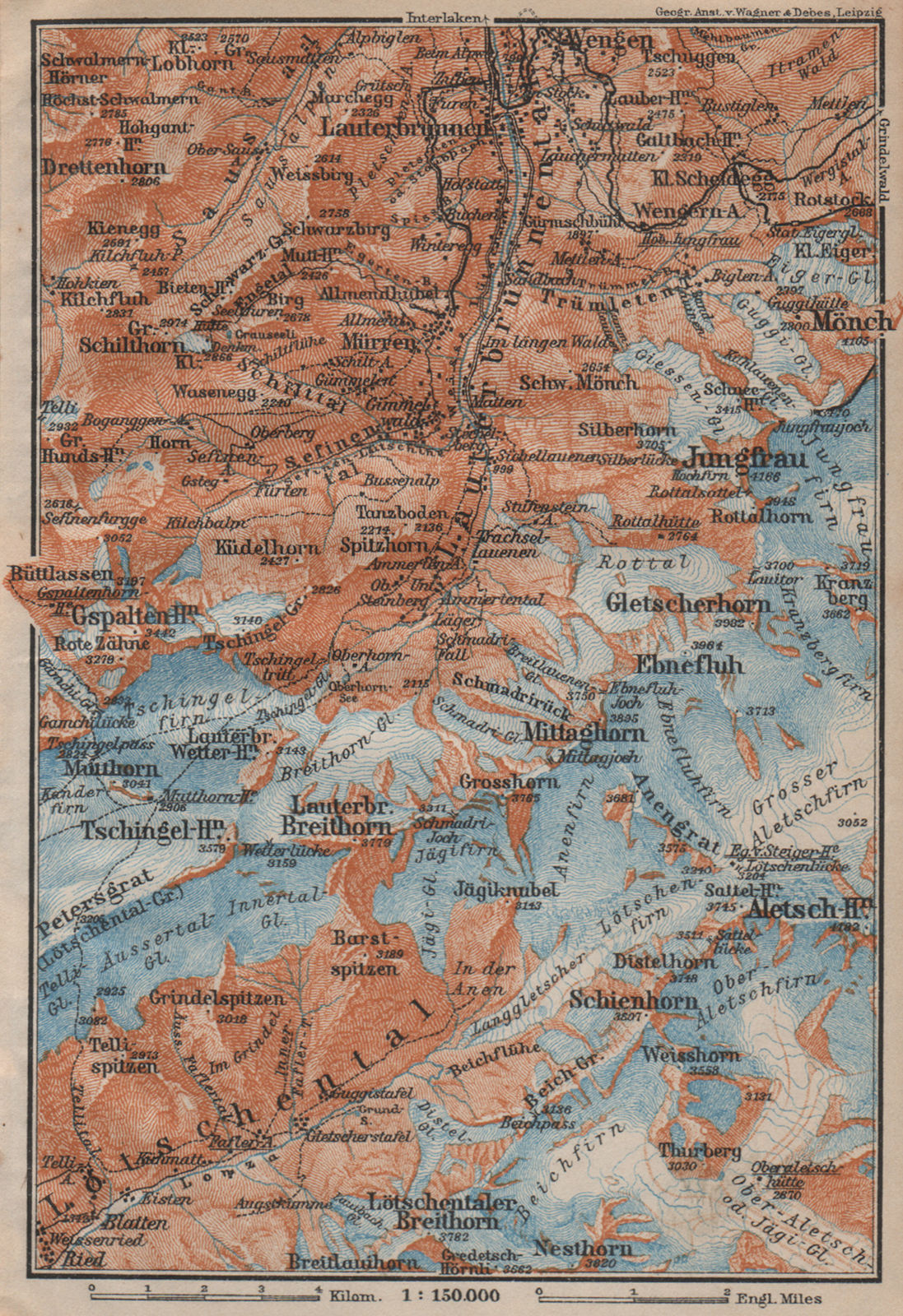 Associate Product UPPER LAUTERBRUNNEN VALLEY/WALL. Mürren Grosshorn Breithorn Jungfrau 1913 map