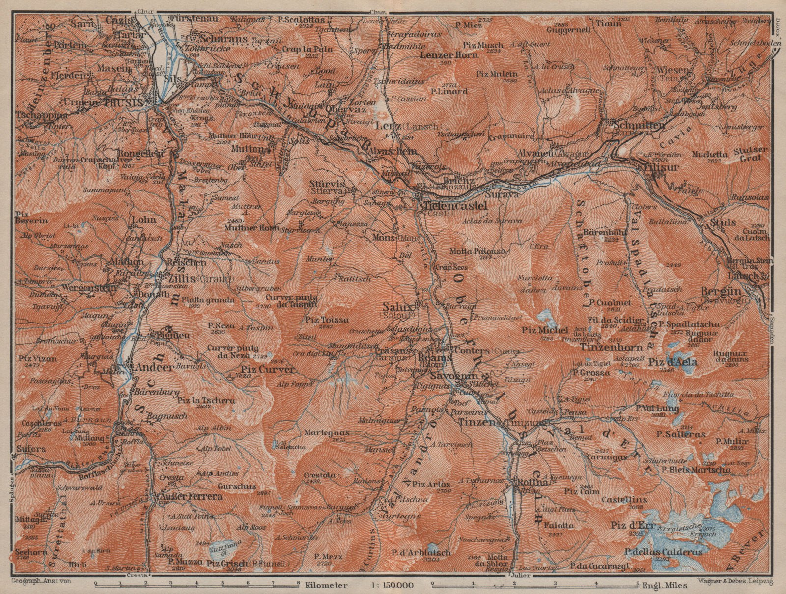 Associate Product ALBULA ALPS. Thusis Tiefenkastel Savognin Piz Ela/d'Err/Calderas Salux 1913 map