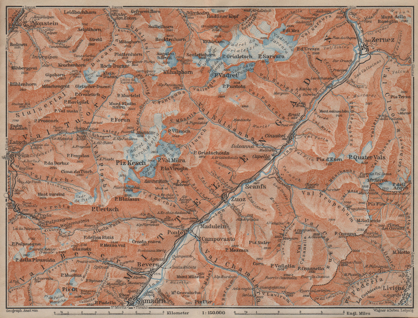 Associate Product MIDDLE ENGADINE VALLEY. Samedan-Zernez. Zuoz Livigno Albula Alps 1913 old map