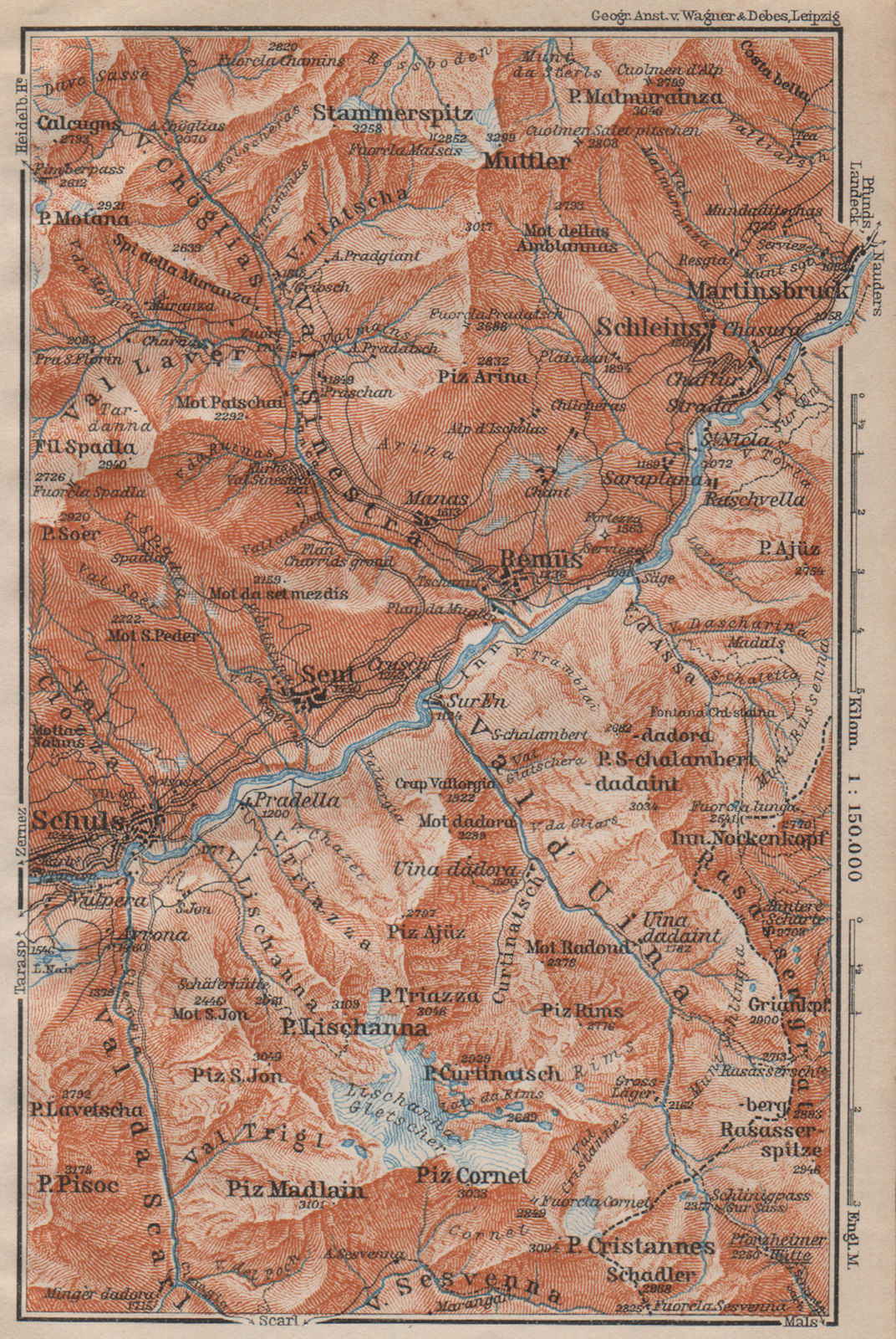 LOWER ENGADINE VALLEY. Scuol-Martinsbruck/Martina Schleins Remiis 1913 old map