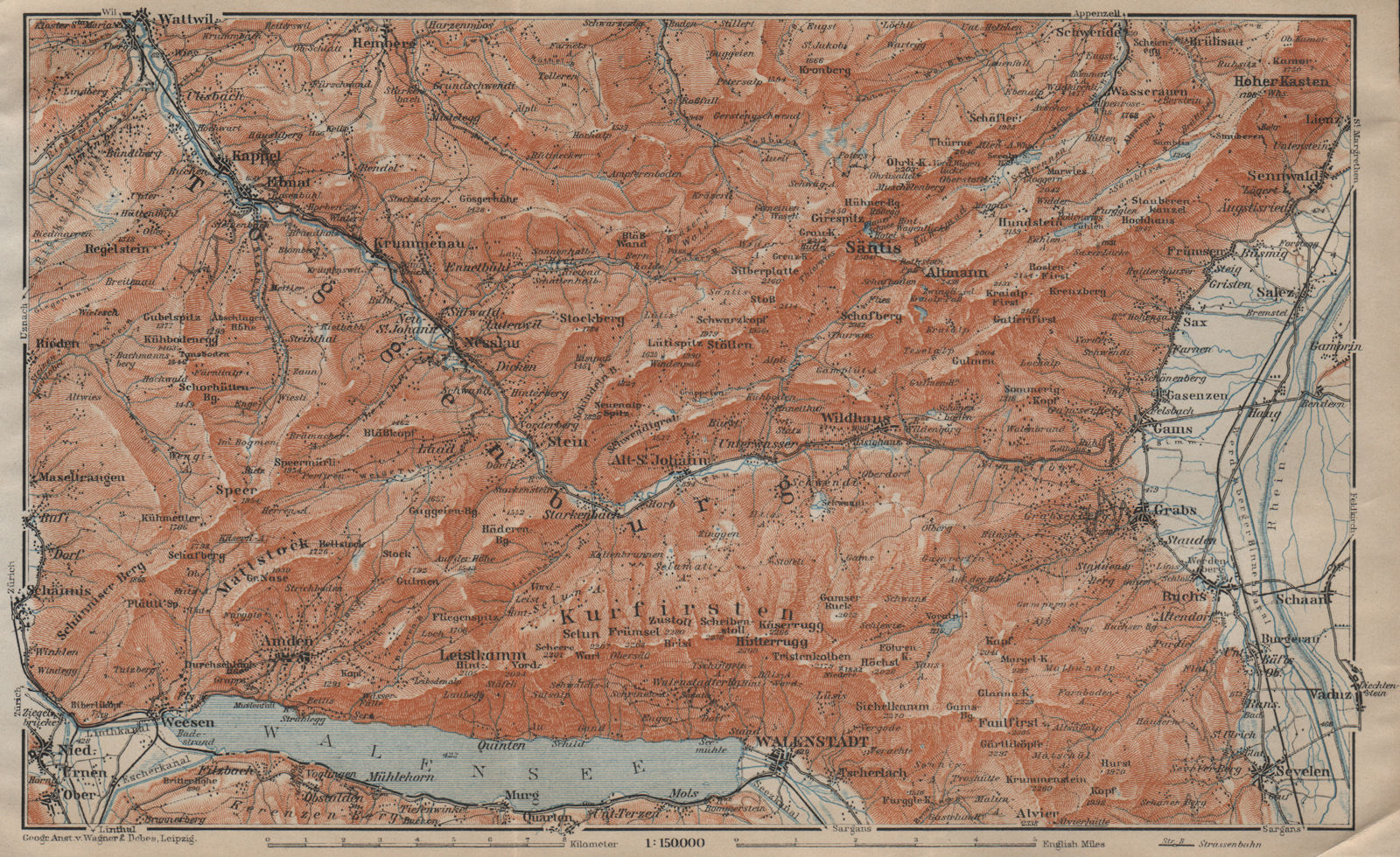 THUR VALLEY.Säntis Toggenburg Wildhaus Alt St Johann Unterwasser Grabs 1920 map