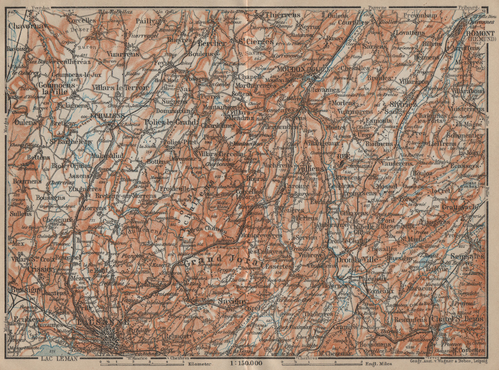 Associate Product PAYS DE VAUD North. Lausanne Moudon Romont Jorat Moudon Echallens 1920 old map