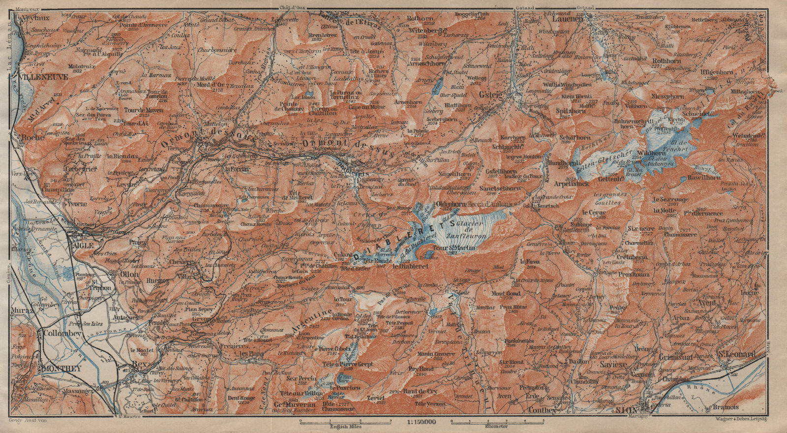 AIGLE DISTRICT.Les Diablerets Villars Gryon Leysin Les Mosses Ormont 1920 map
