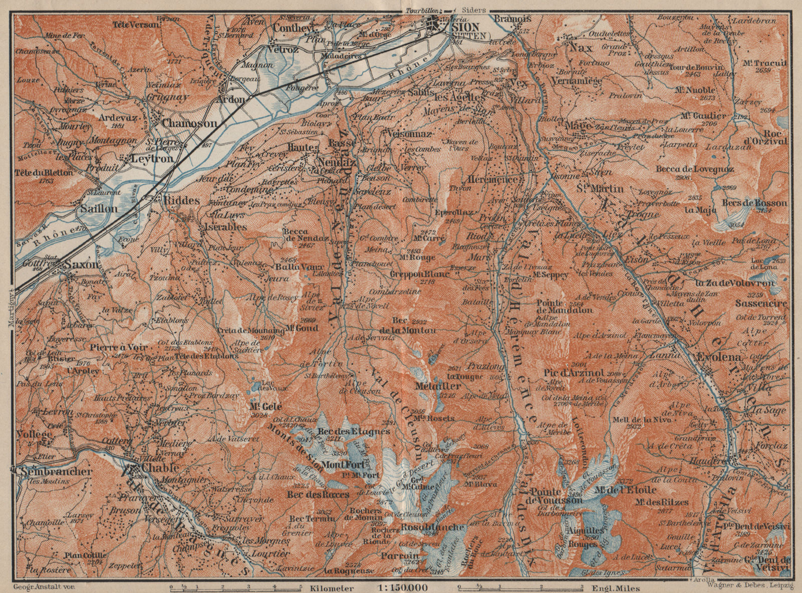 Associate Product Area south of SION. Verbier Riddes Nendaz Veysonnaz Hérens Entremont 1920 map