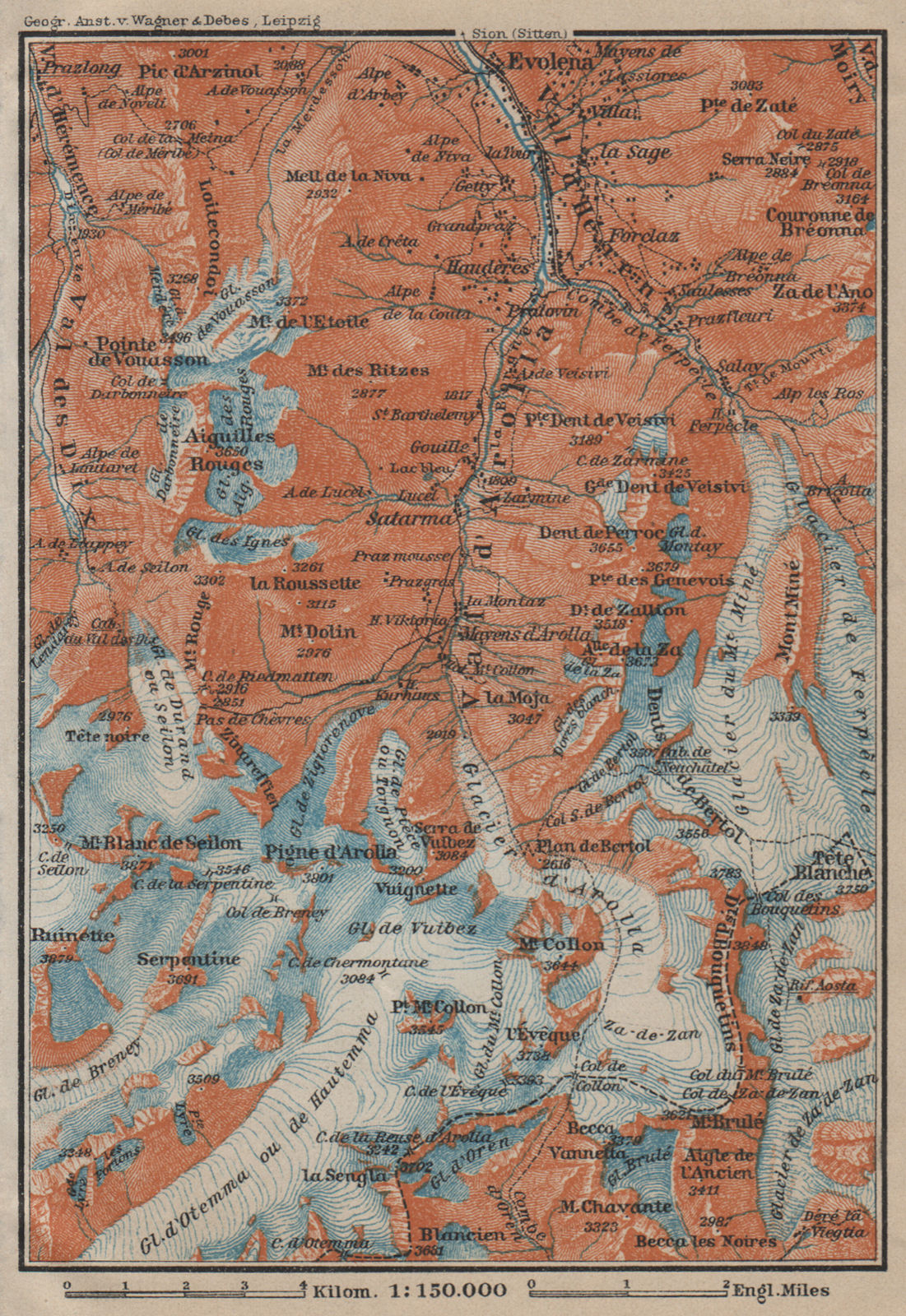 Associate Product VAL D'AROLLA. Evolène Hérens Mont Collon Tête Blanche Aiguilles Rouges 1920 map