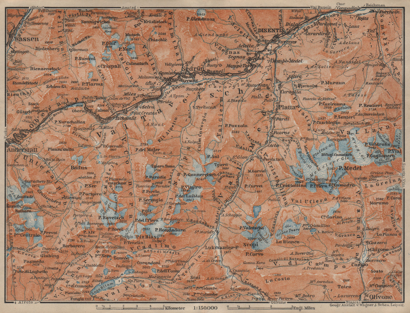 VAL TAVETSCH/MEDEL. Andermatt Disentis Sedrun Wassen Piz Medel. Topo-map 1920