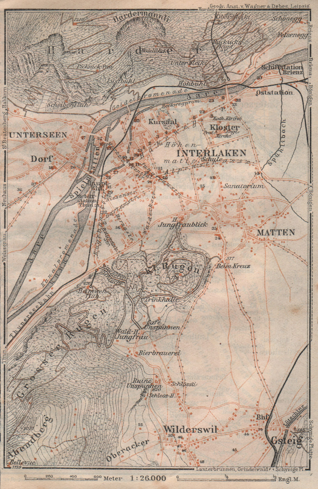 Associate Product INTERLAKEN ENVIRONS. Unterseen Matten Aarmuhle Wilderswyl. Schweiz 1922 map