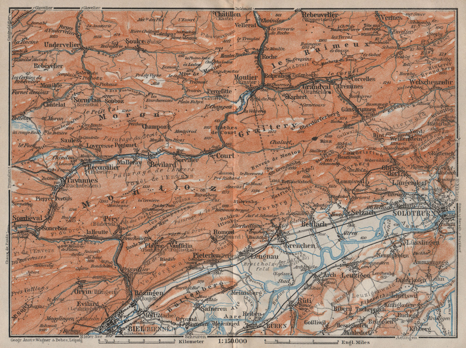 Associate Product BERNESE JURA. Solothurn Biel/Bienne Rebeuvelier Tavannes. Topo-map 1922