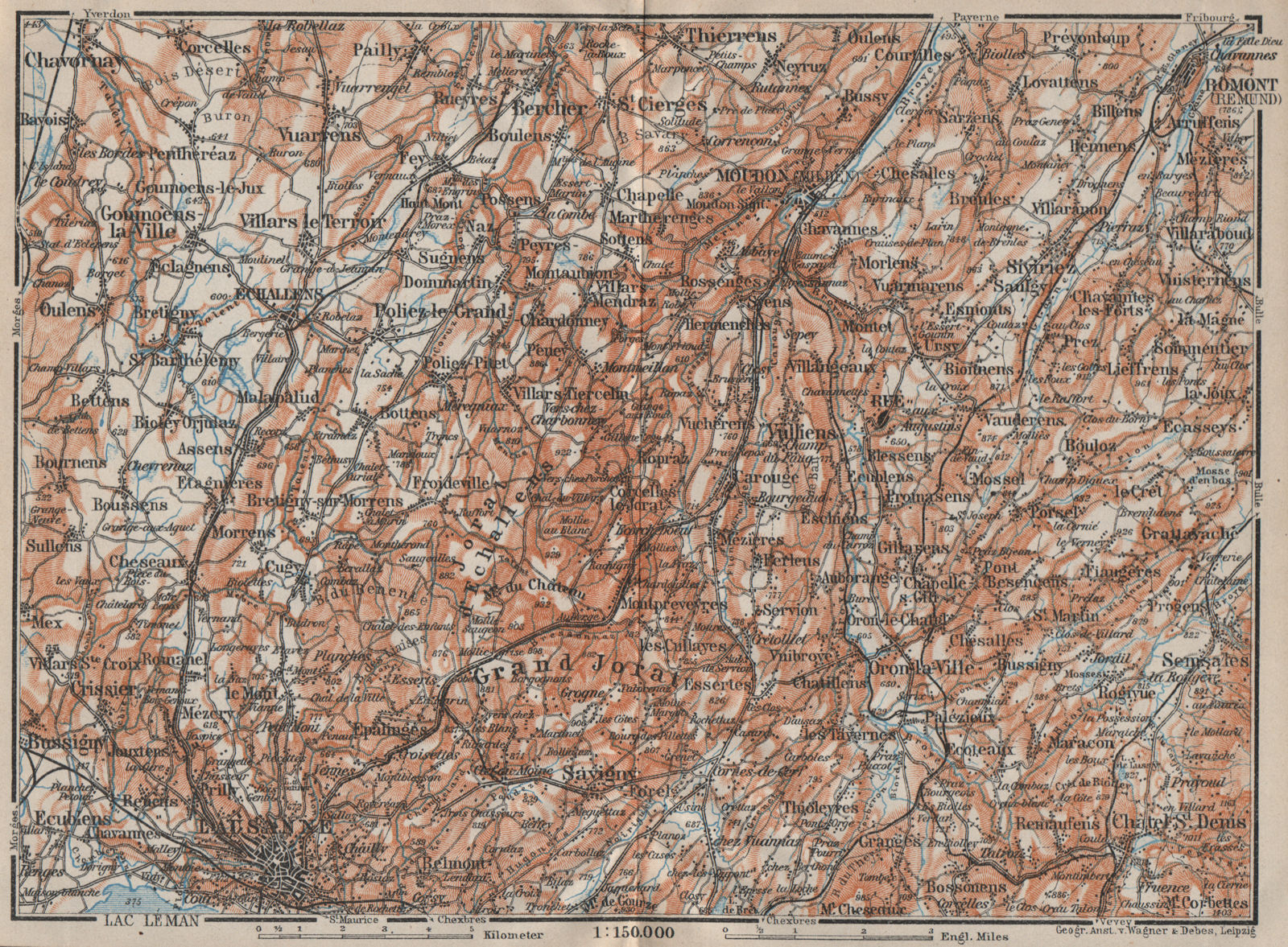 Associate Product PAYS DE VAUD North. Lausanne Moudon Romont Jorat Moudon Echallens 1922 old map