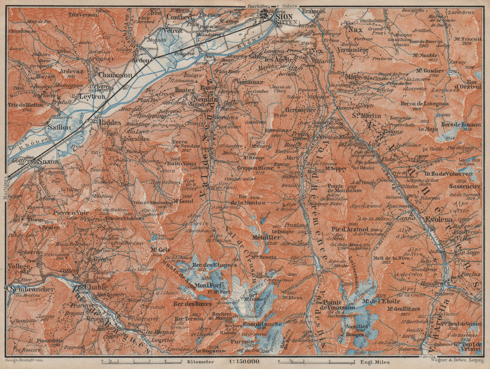 Associate Product Area south of SION. Verbier Riddes Nendaz Veysonnaz Hérens Entremont 1922 map