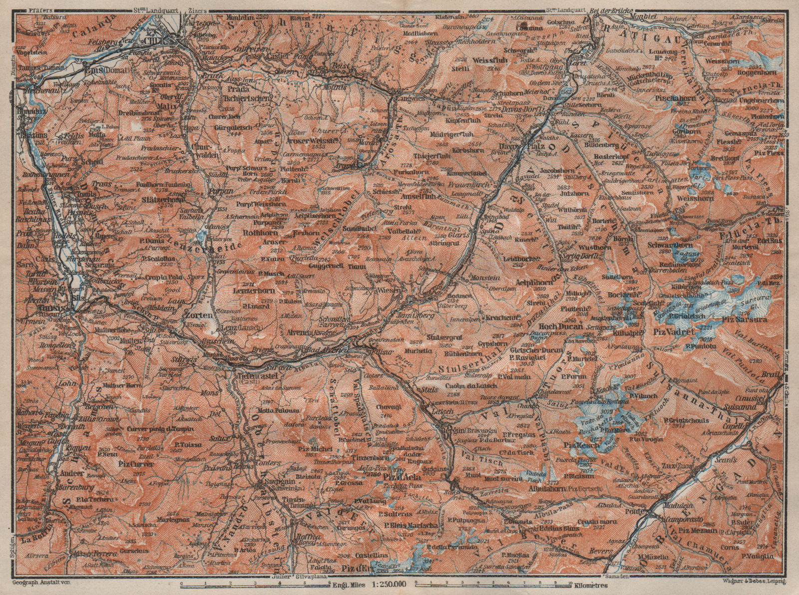 Associate Product GRAUBÜNDEN/ALBULA ALPS. Chur-Samedan. Arosa Lenz Davos Savognin Thusis 1922 map