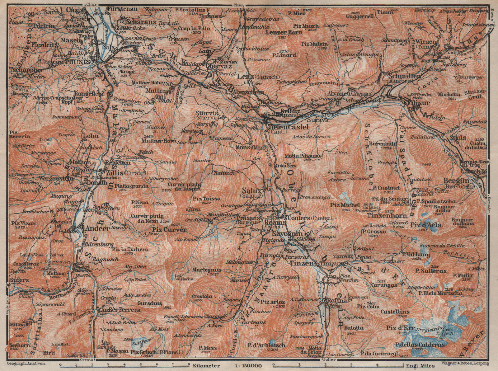 ALBULA ALPS. Thusis Tiefenkastel Savognin Piz Ela/d'Err/Calderas Salux 1922 map