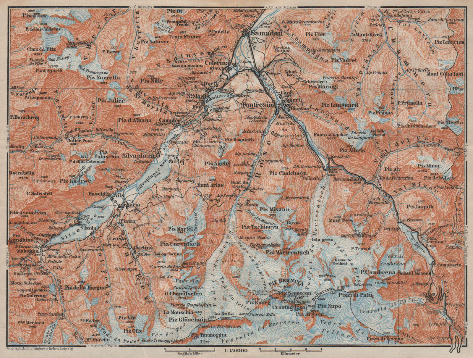 UPPER ENGADINE. St Moritz Celerina Pontresina Sils-Maria Bernina Range 1922 map