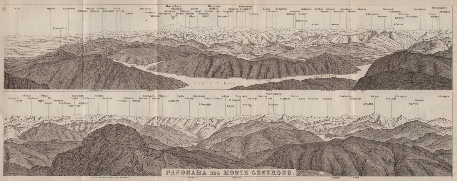 MONTE GENEROSO PANORAMA. Lugano Como Maggiore Rosa Mischabel Disgrazia 1922 map