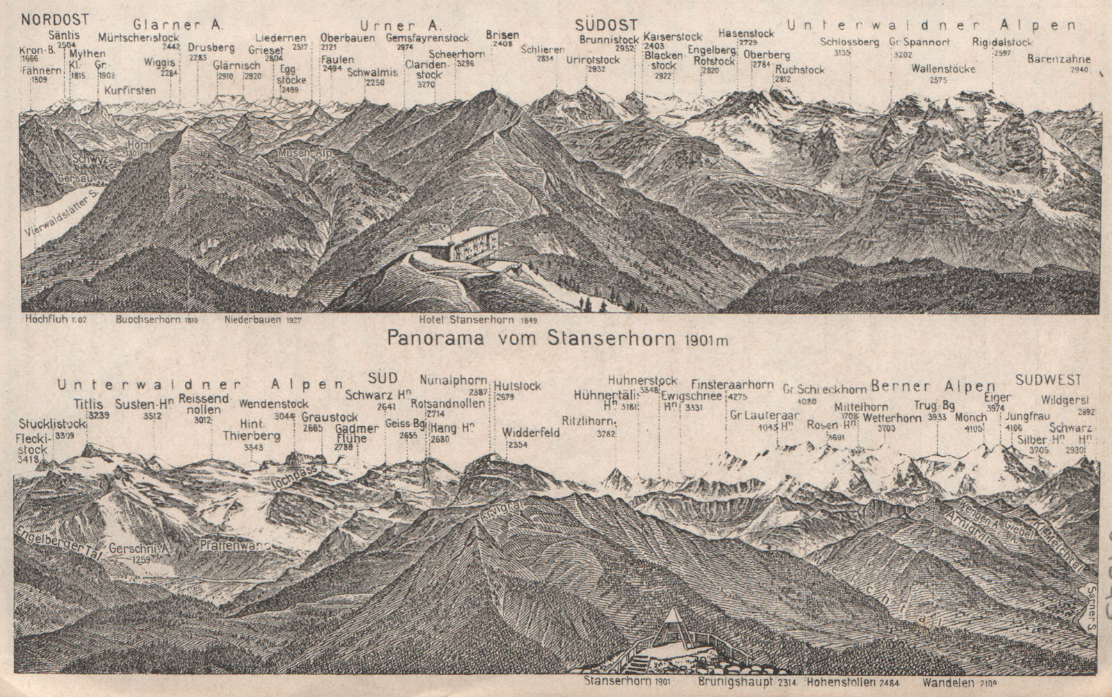 Associate Product PANORAMA from/vom STANSERHORN. Glarner Urner Unterwaldner Berner Alps 1928 map