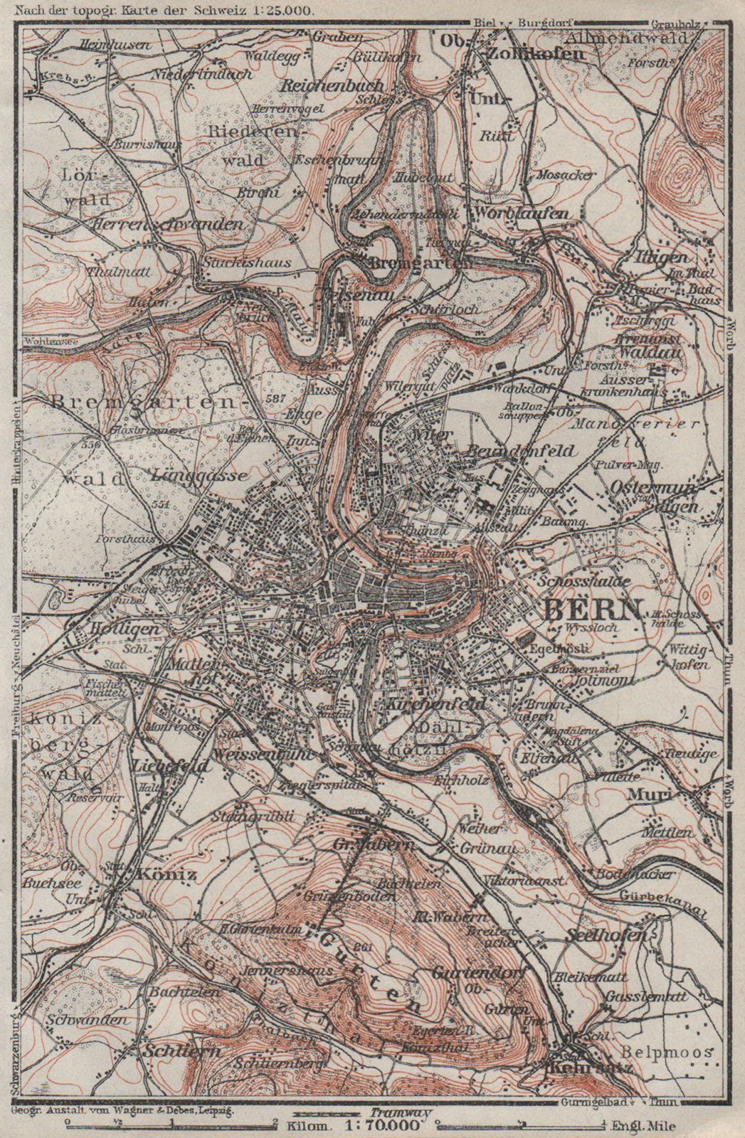 Associate Product BERN BERNE ENVIRONS. Switzerland Suisse Schweiz carte karte. BAEDEKER 1928 map