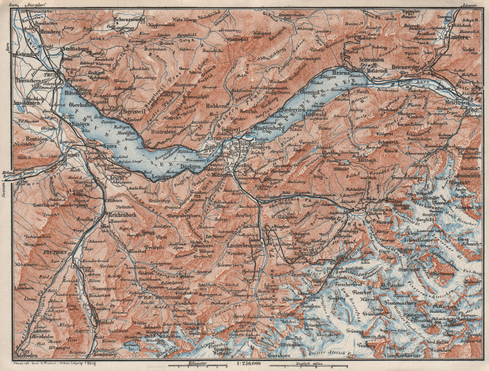 Associate Product BERNESE OBERLAND. Wengen Mürren Grundelwald Reutigen Interlaken Eiger 1928 map