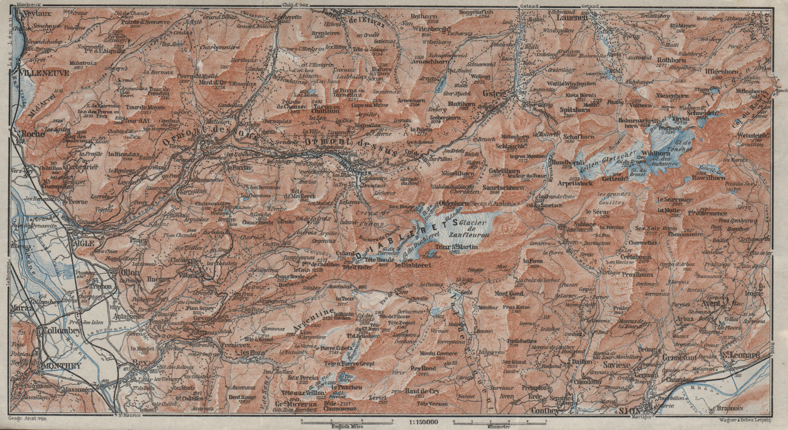 AIGLE DISTRICT.Les Diablerets Villars Gryon Leysin Les Mosses Ormont 1928 map