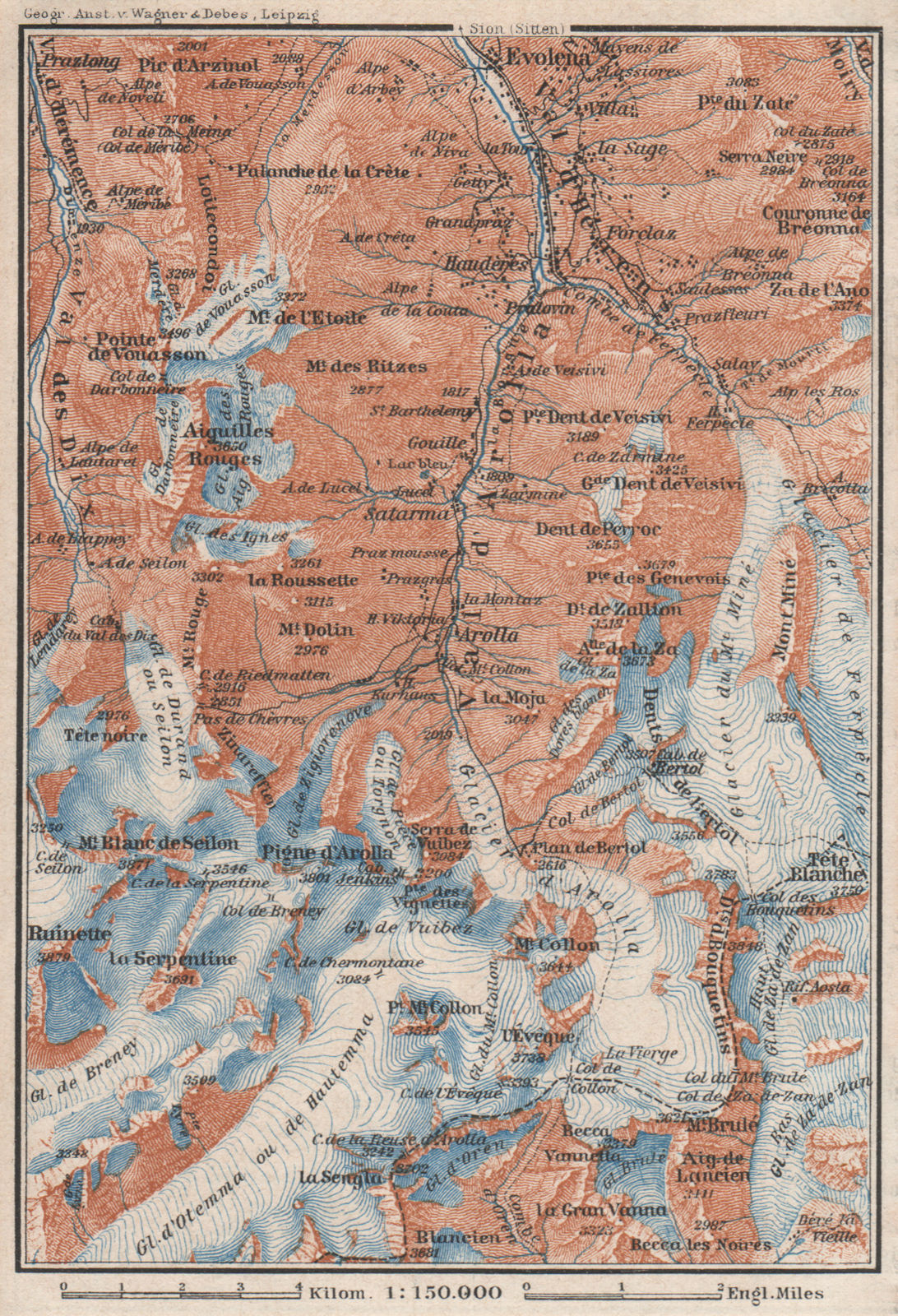 Associate Product VAL D'AROLLA. Evolène Hérens Mont Collon Tête Blanche Aiguilles Rouges 1928 map