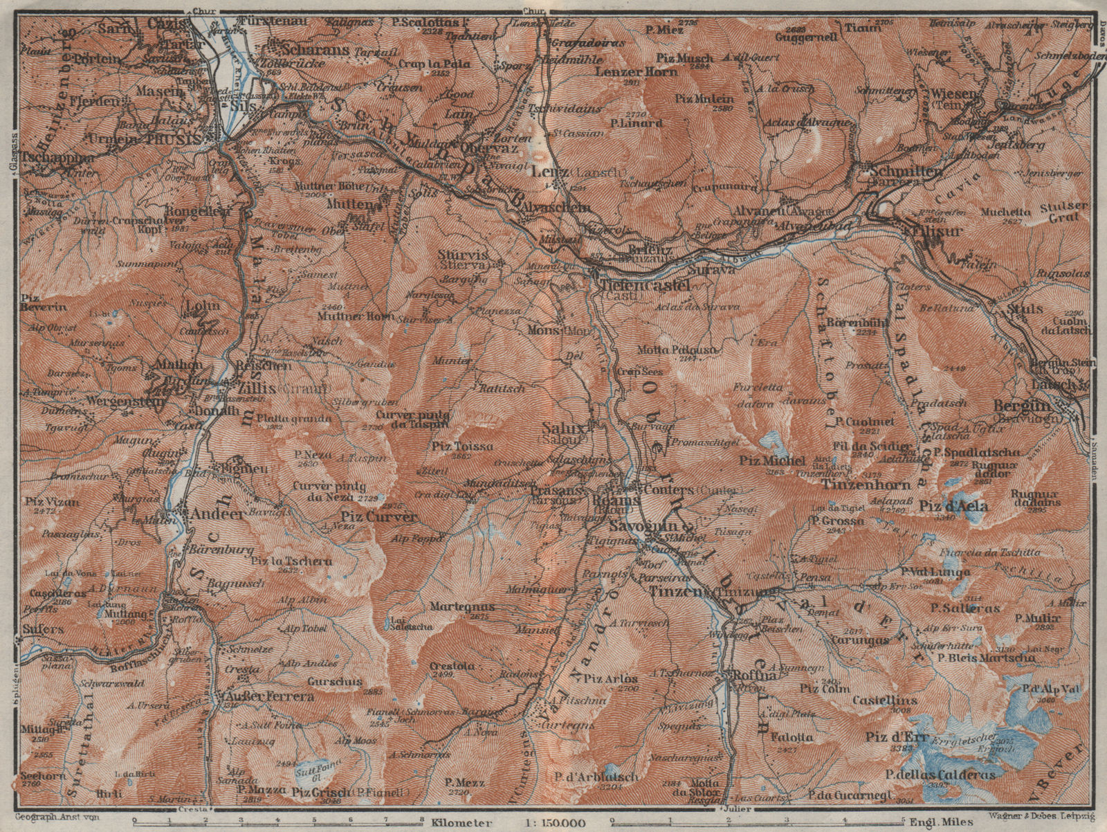 ALBULA ALPS. Thusis Tiefenkastel Savognin Piz Ela/d'Err/Calderas Salux 1928 map