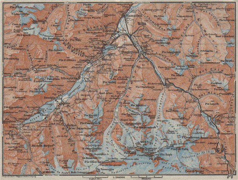 UPPER ENGADINE. St Moritz Celerina Pontresina Sils-Maria Bernina Range 1928 map