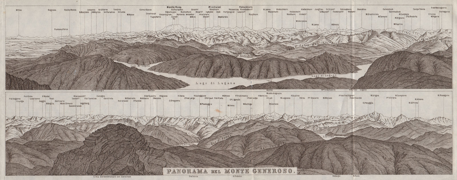 MONTE GENEROSO PANORAMA. Lugano Como Maggiore Rosa Mischabel Disgrazia 1928 map