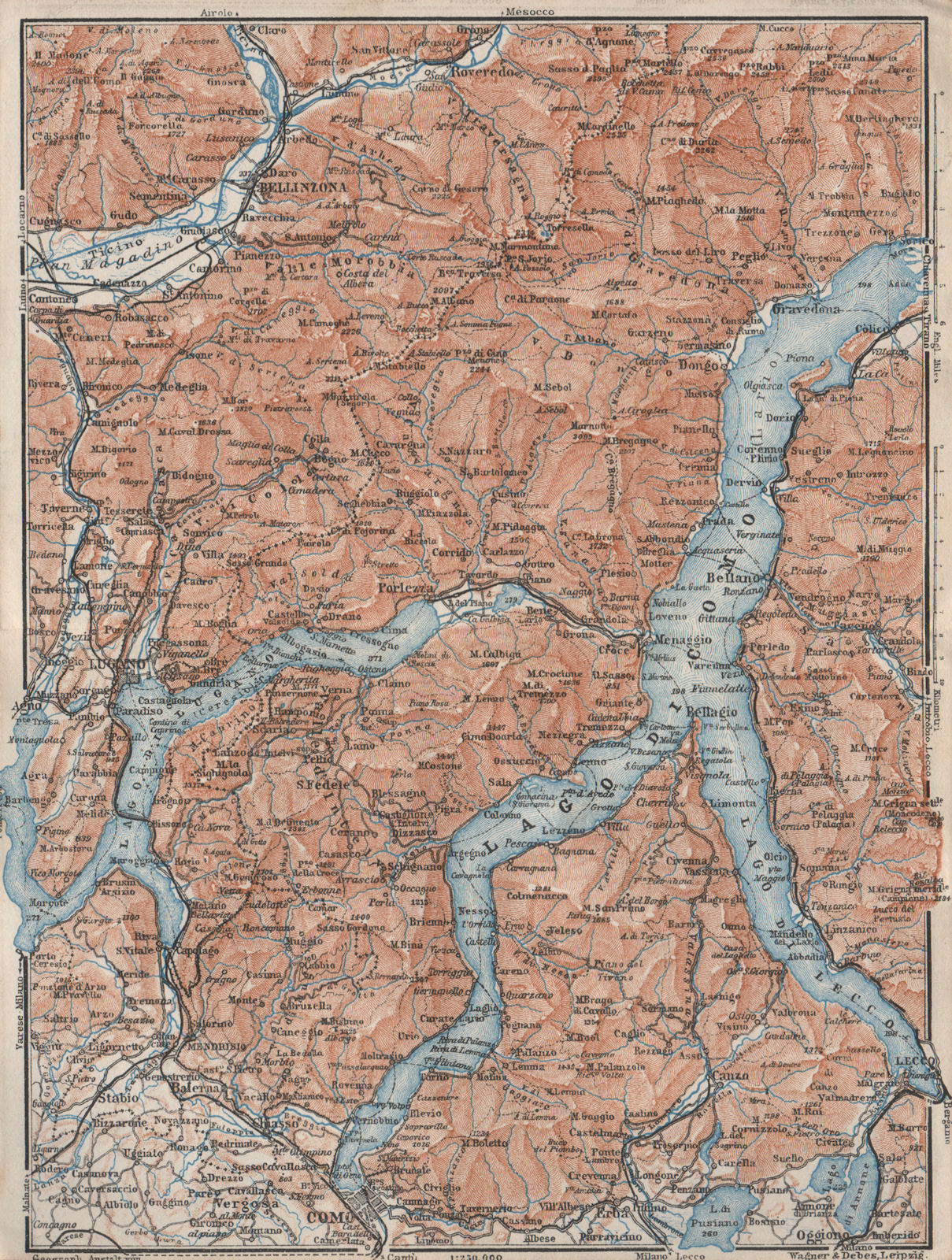 LAKES/LAGO DI COMO & LUGANO. Lecco Bellinzona. Topo-map. Italy mappa 1928