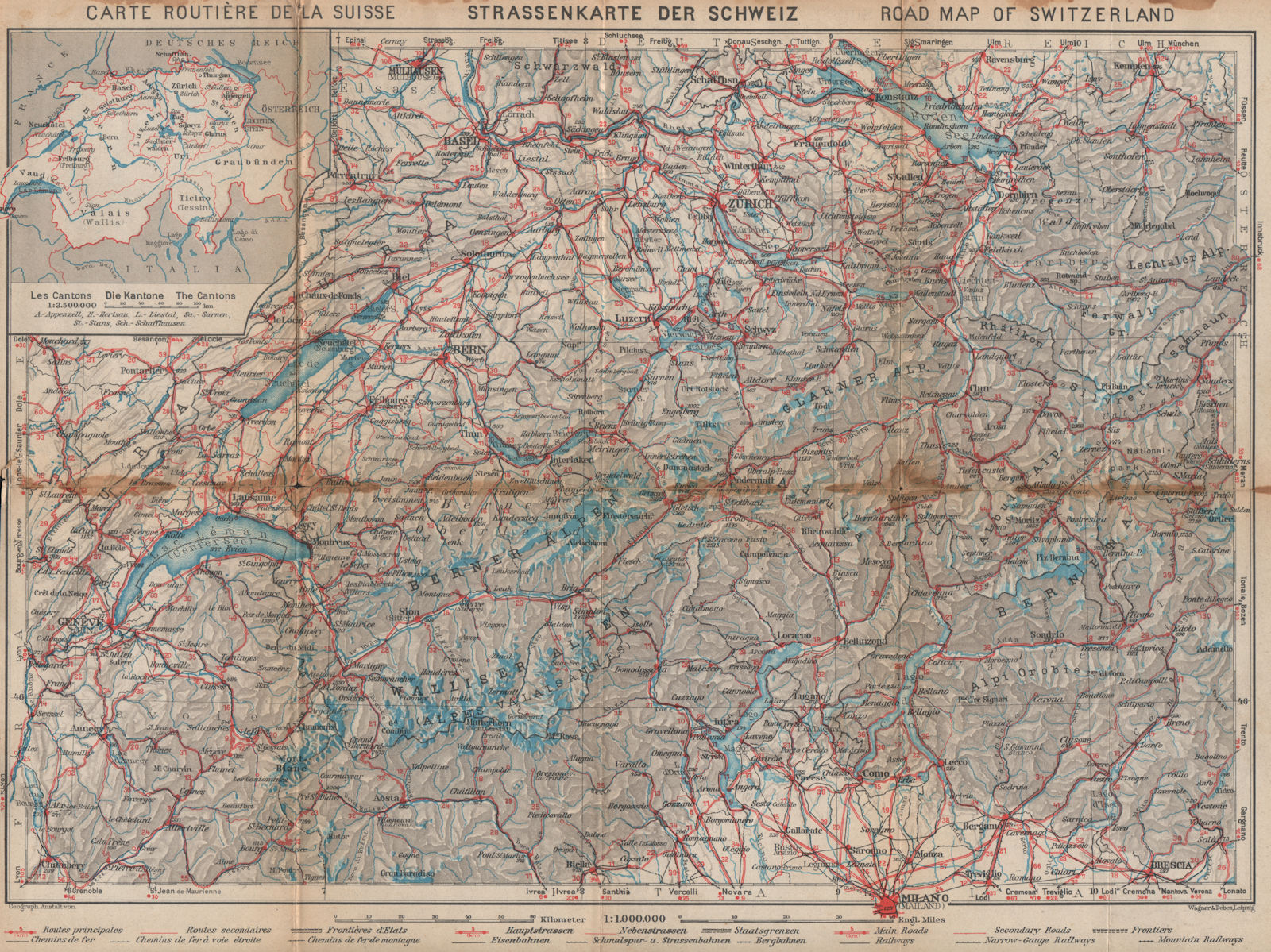 CARTE ROUTIÈRE/STRASSENKARTE/ROAD MAP OF Switzerland Suisse Schweiz 1938