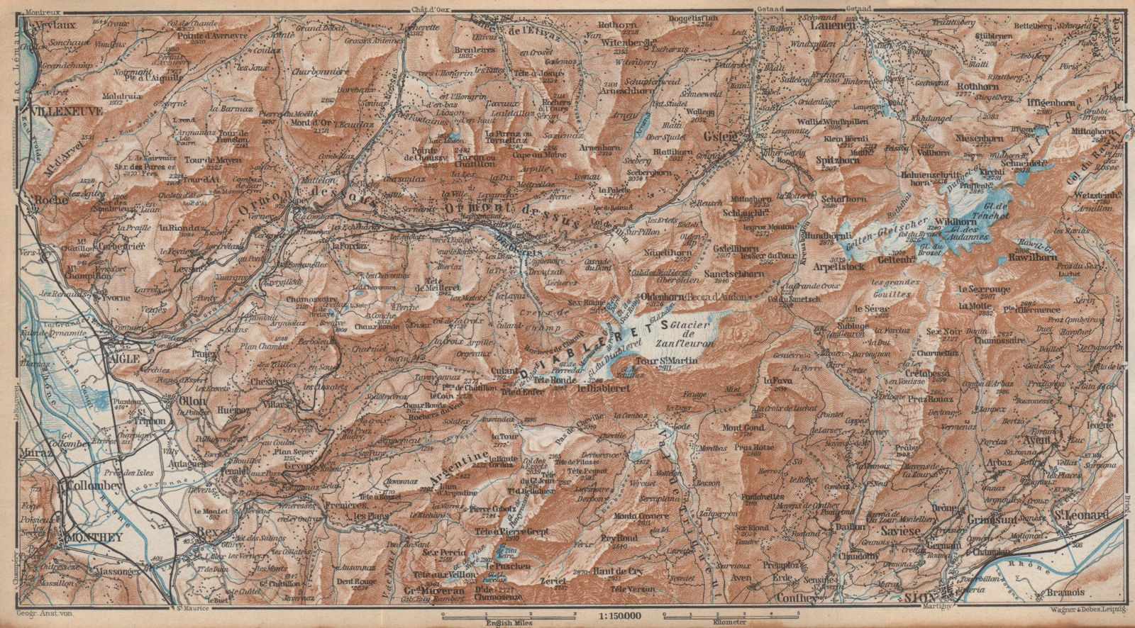 AIGLE DISTRICT.Les Diablerets Villars Gryon Leysin Les Mosses Ormont 1938 map