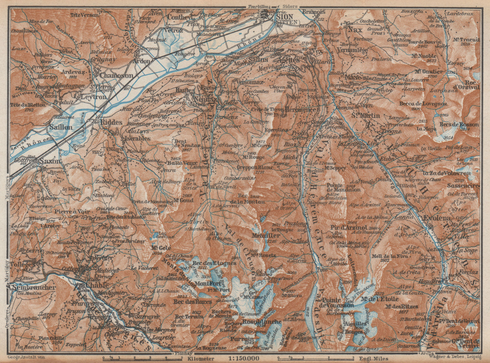Area south of SION. Verbier Riddes Nendaz Veysonnaz Hérens Entremont 1938 map
