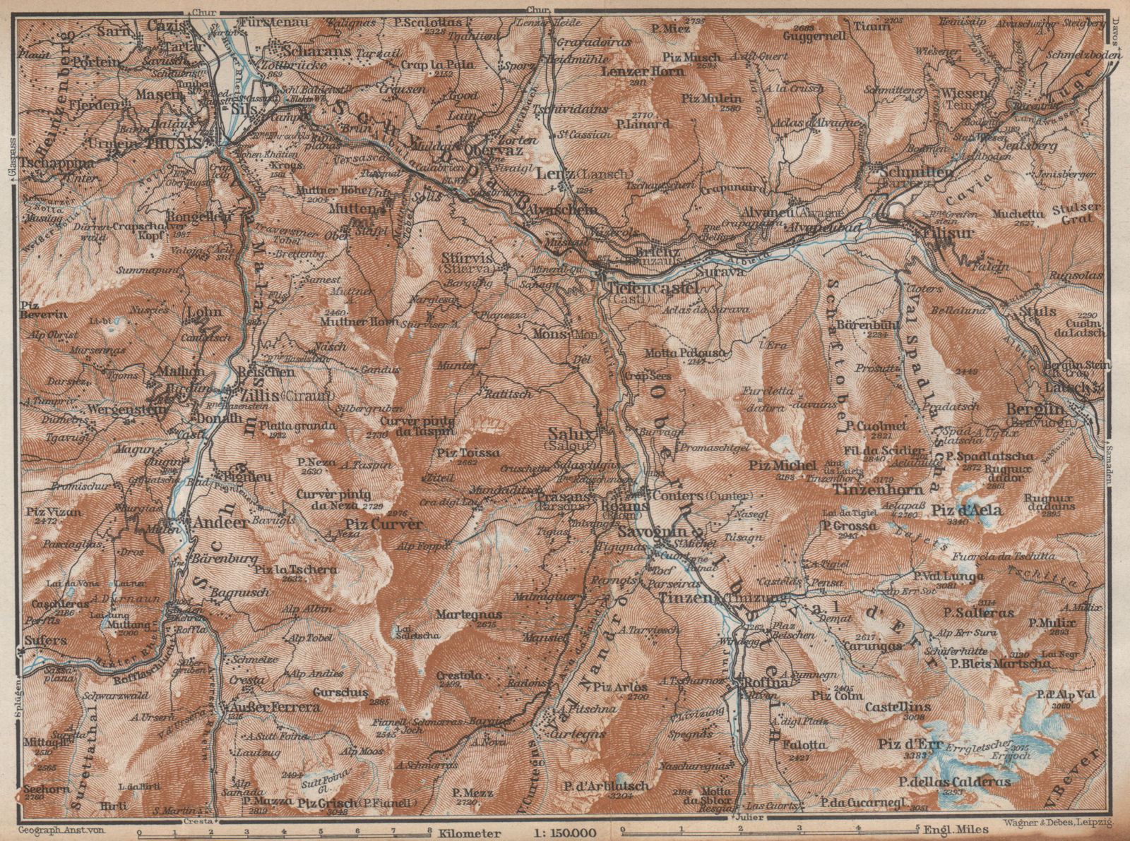 ALBULA ALPS. Thusis Tiefenkastel Savognin Piz Ela/d'Err/Calderas Salux 1938 map