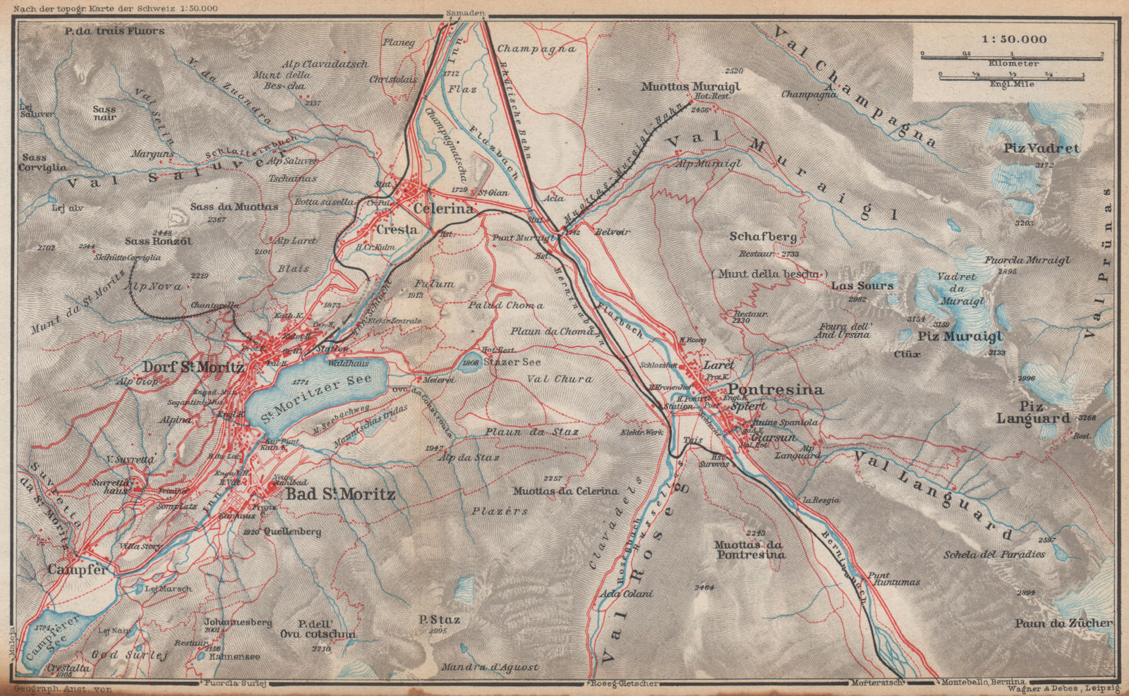 ST MORITZ & PONTRESINA. Celerina Cresta Piz Vadret/Muraigl/Languard 1938 map