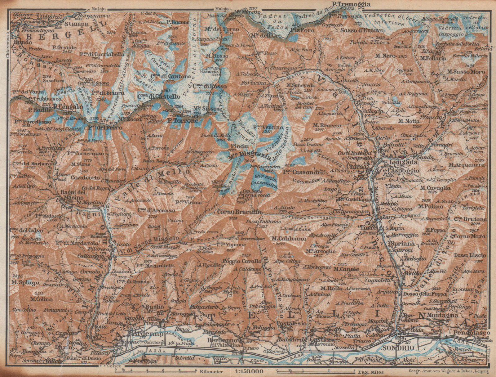 VAL MASINO/BREGAGLIA ALPS. Disgrazia Caspoggio Tellina Malenco Sondrio 1938 map