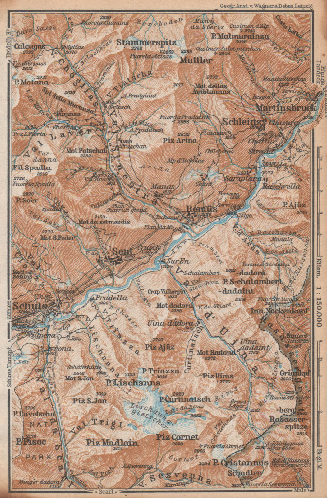 Associate Product LOWER ENGADINE VALLEY. Scuol-Martinsbruck/Martina Schleins Remiis 1938 old map