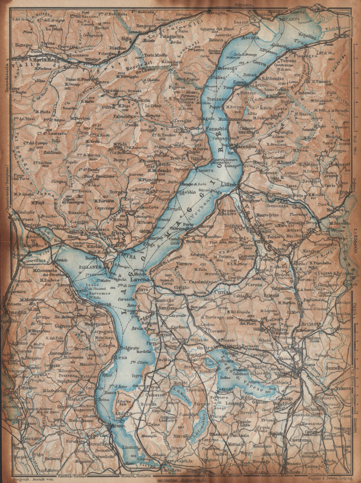 LAGO MAGGIORE. Lake Maggiore. Varese Varesa Pallanza. Topo-map. Italy 1938