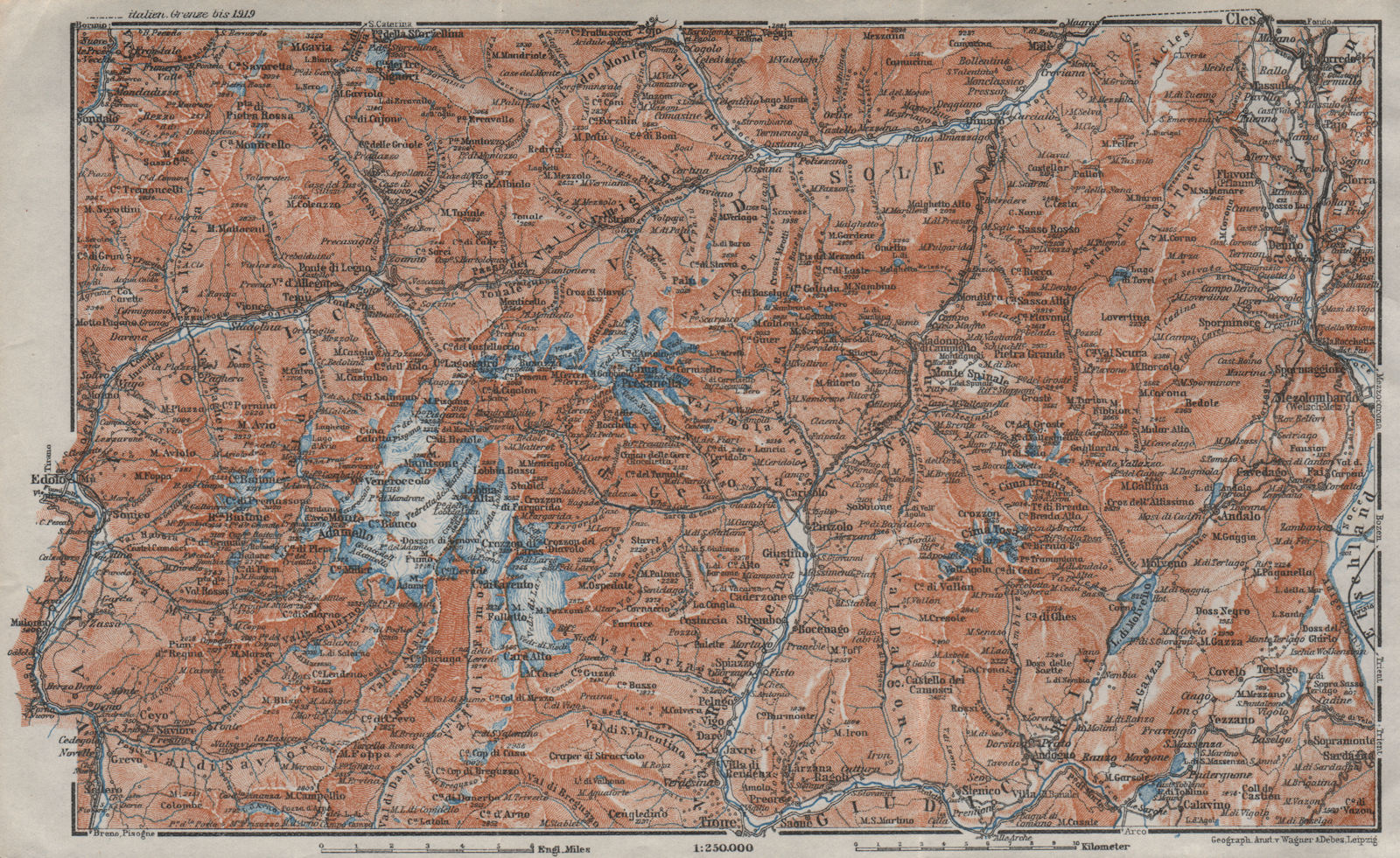 ADAMELLO BRENTA DOLOMITI. Pinzolo Ponte di Legno Madonna di Campiglio 1923 map