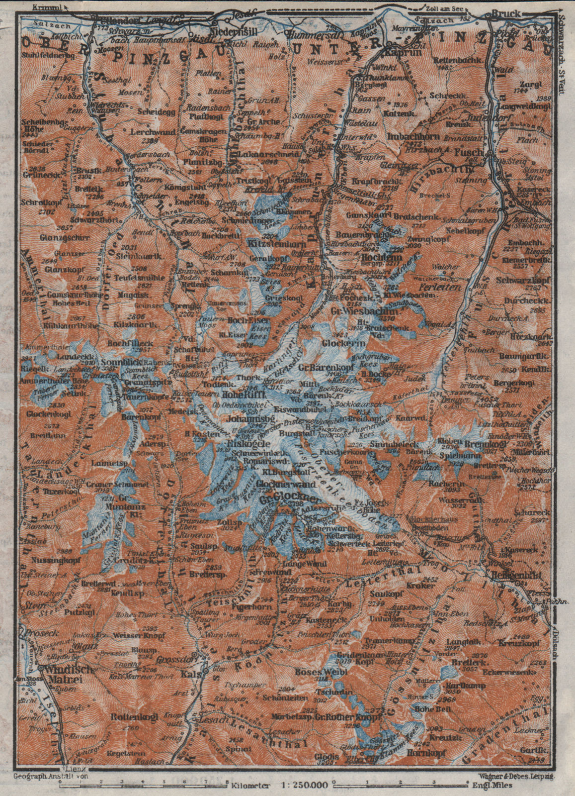 GLOCKNERGRUPPE. HOHE TAUERN. UNTERPINZGAU. Kaprun Matrei Grossdorf 1923 map