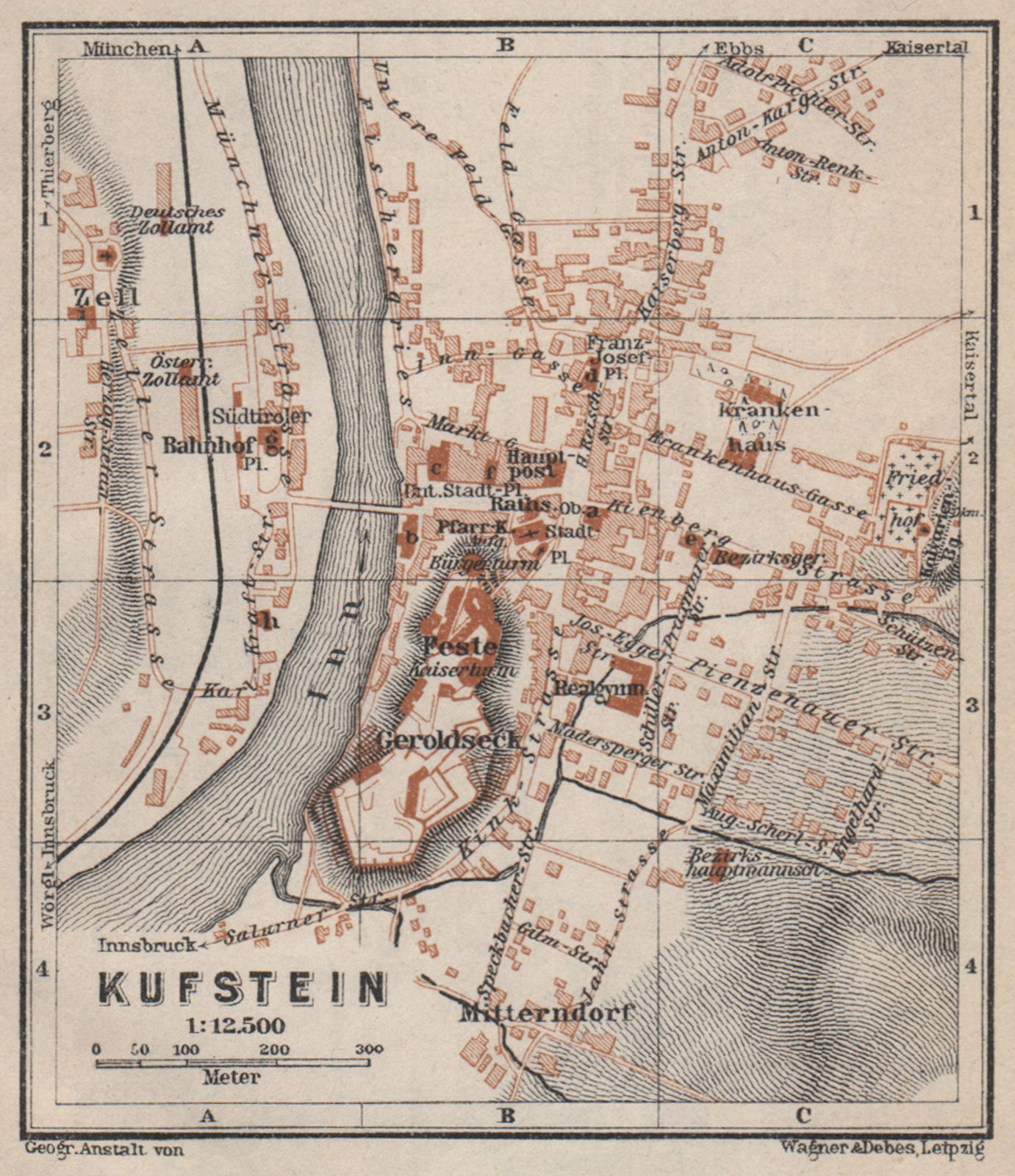 KUFSTEIN vintage town city stadtplan. Tyrol, Österreich karte. SMALL 1927 map